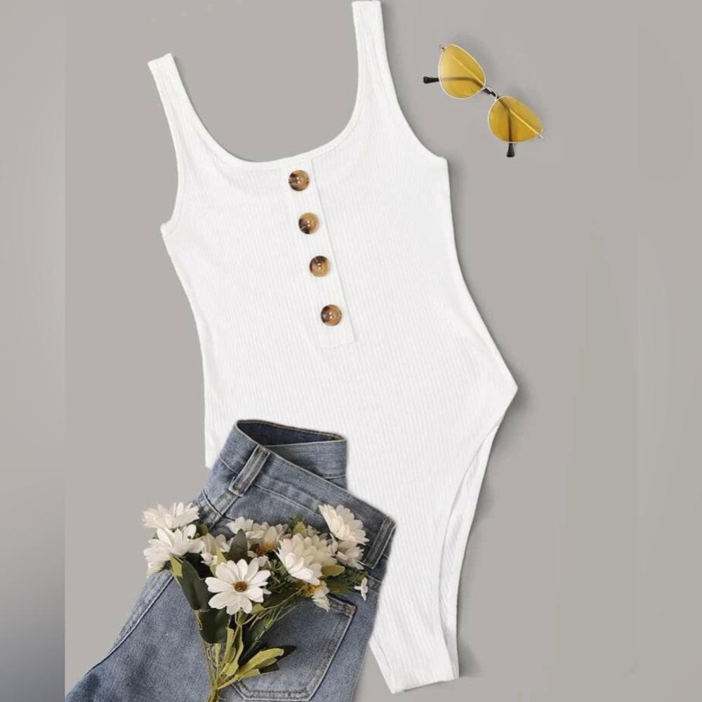 Button Front Ribbed Neck Tank Bodysuit